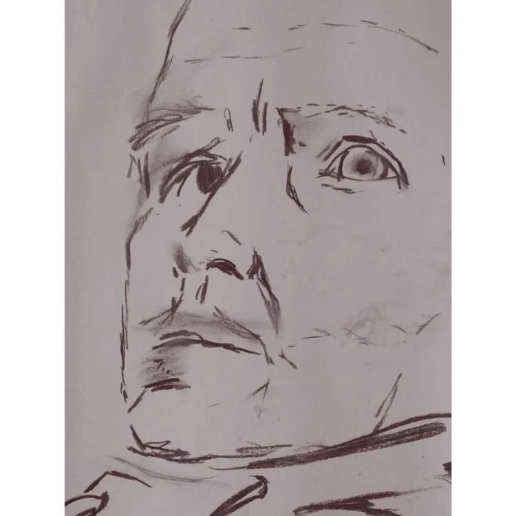 A sketch of a person's face with a focus on one eye and partial facial features, drawn with quick, loose lines. Expressive art by Leah East