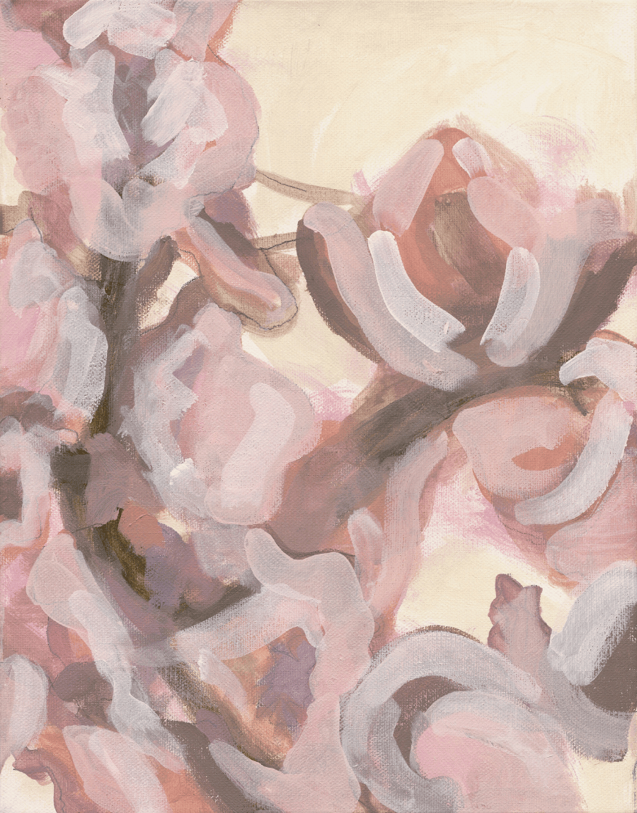 Peach blossom (romance), 2025. Acrylic on canvas - 36 x 28 x 4 cm / 14 x 11 x 1.5 "