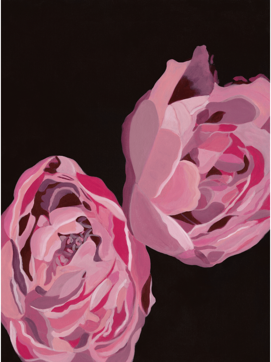 Pair of peonies (love & relationships), 2025.  Acrylic on canvas - 102 x 76 x 3 cm / 40 x 30 x 1.5 "