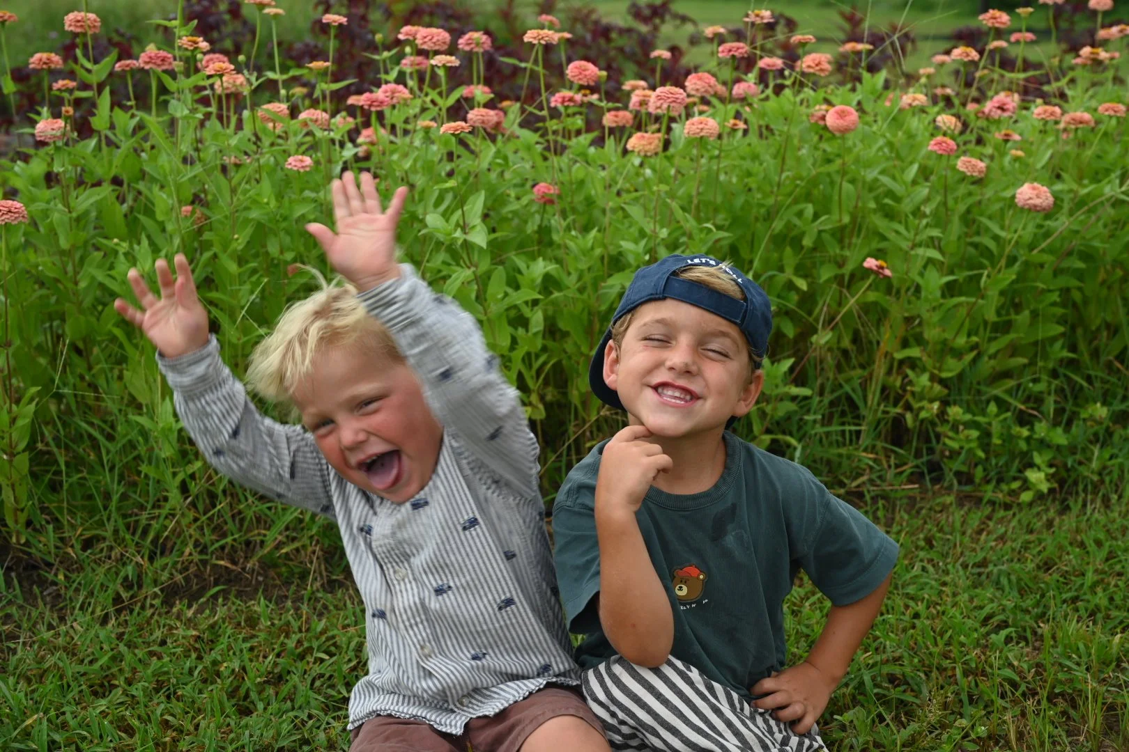 Two young boys sitting in front of pink flowers and green foliage, smiling and laughing. The boy on the left has blond hair, is wearing a striped shirt, and has his arms raised. The boy on the right has light brown hair, is wearing a dark t-shirt, a backward cap, and has his hand on his chin.