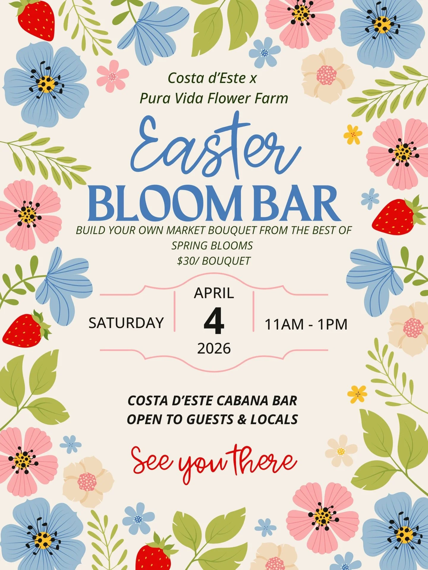 Saturday 4/4 11a-1p we&rsquo;ll be located on the Cabana Deck @costadeste for a pop-up Bloom Bar! 💐 Shop the stands for a lush mix of spring blooms &amp; we&rsquo;ll help you wrap a market bouquet to take home. See you there! 🌸🌷🌼🌿🌊