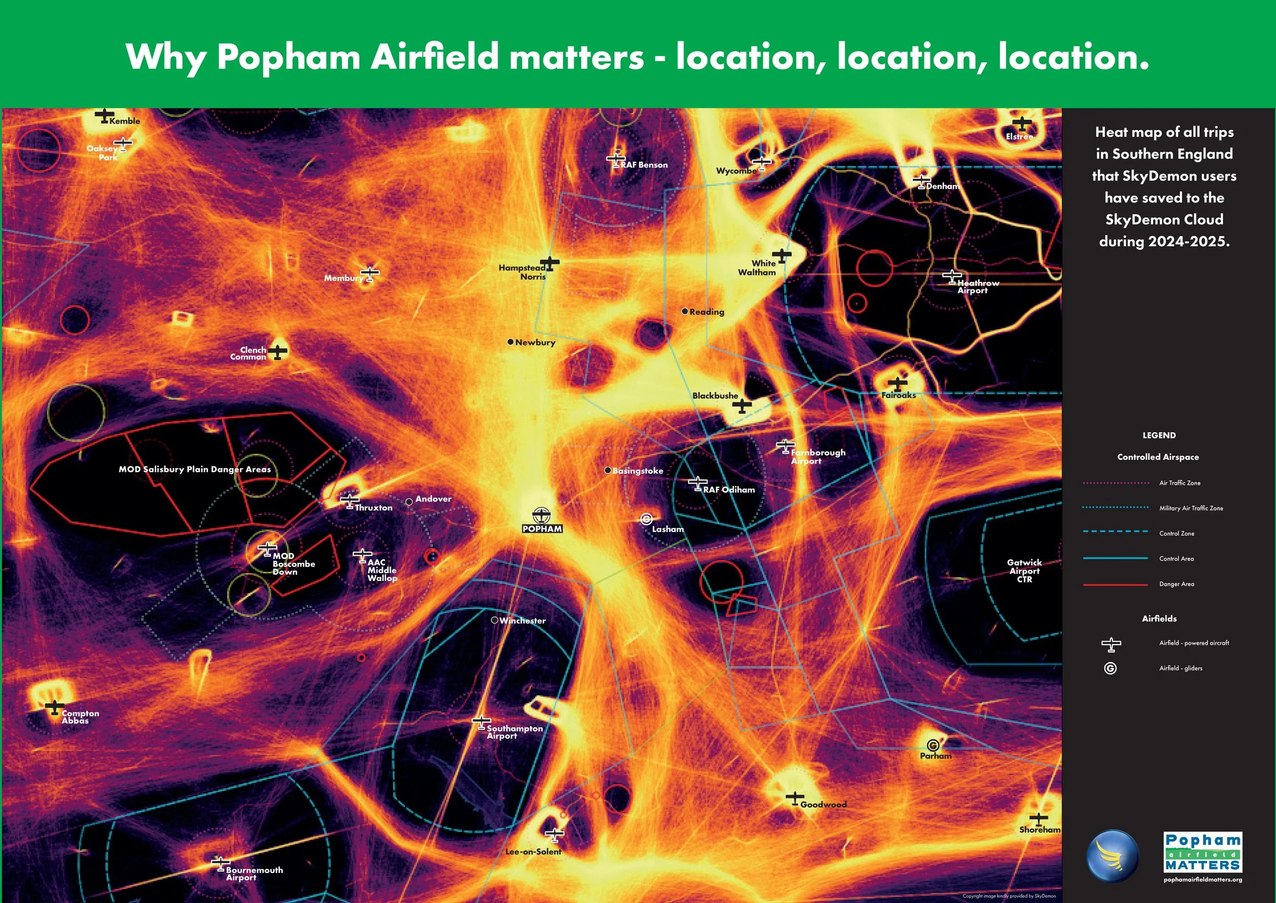Heat map of all trips in Southern England 
that SkyDemon users have saved to the 
SkyDemon Cloud during 2024-2025.