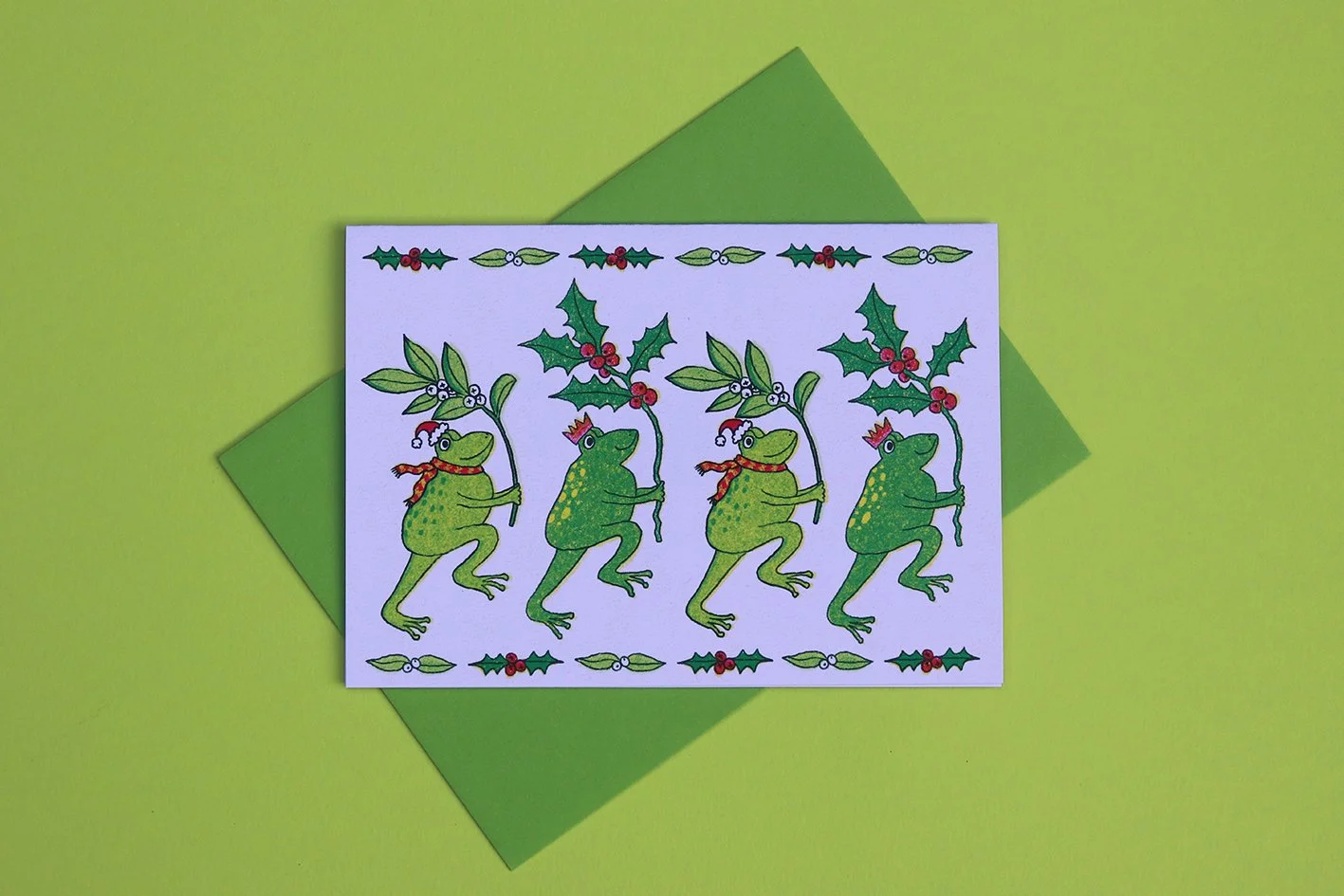 Christmas Frogs Christmas Card Marching Frogs Holly Mistletoe Funny Unique Silly Different Day Studio 3.jpg