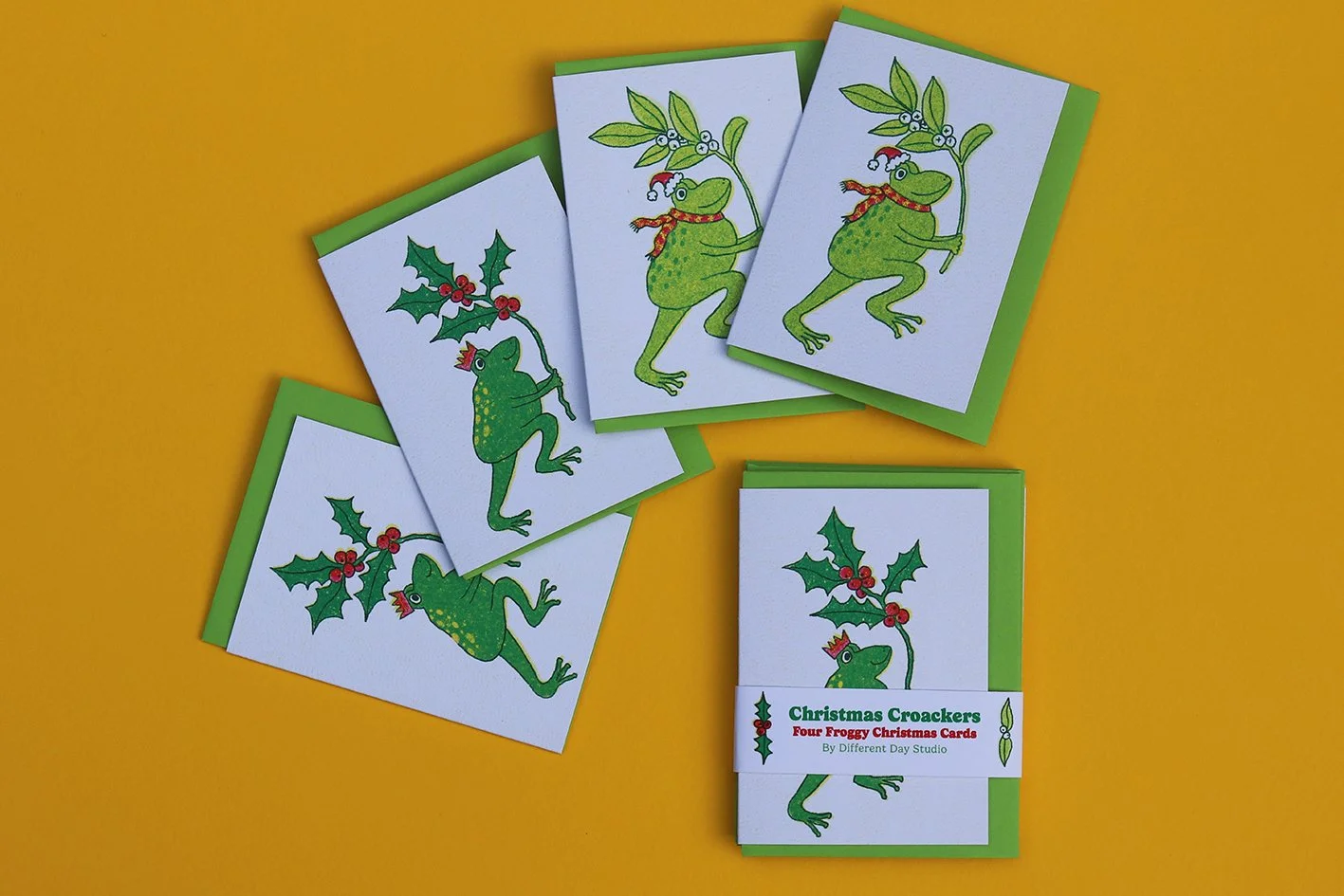 Different Day Studio Frog Christmas Card Froggy Marching Holly Mistletoe Funny Silly Card Pack 1.jpg