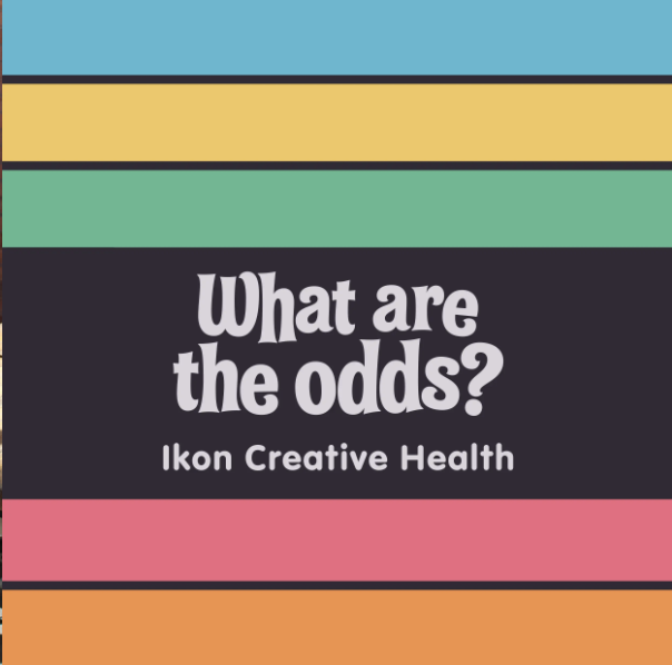 logo for What are the odds Ikon Creative Health which consists of stripes of red, yellow, green, black and red with the exhibition title