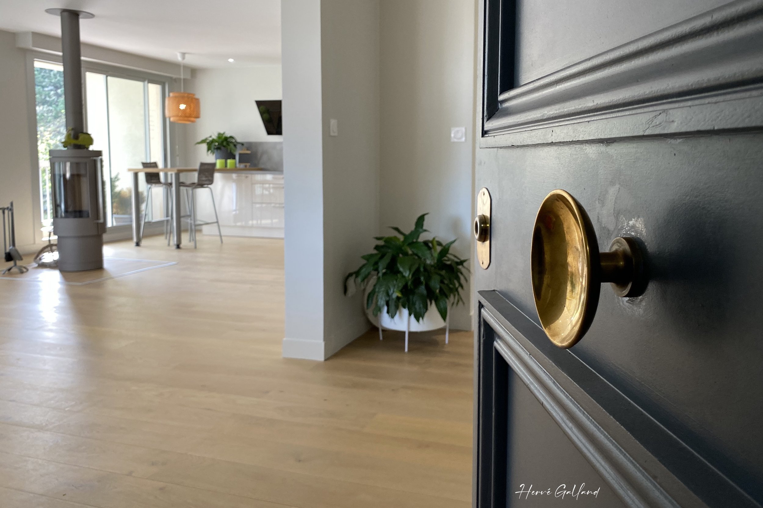 Vue à travers une porte entrouverte vers un intérieur moderne avec un salon et une cuisine. On voit un plan de travail avec une plante verte, une table haute avec deux chaises, une cheminée moderne, et des fenêtres grandes laissant entrer beaucoup de