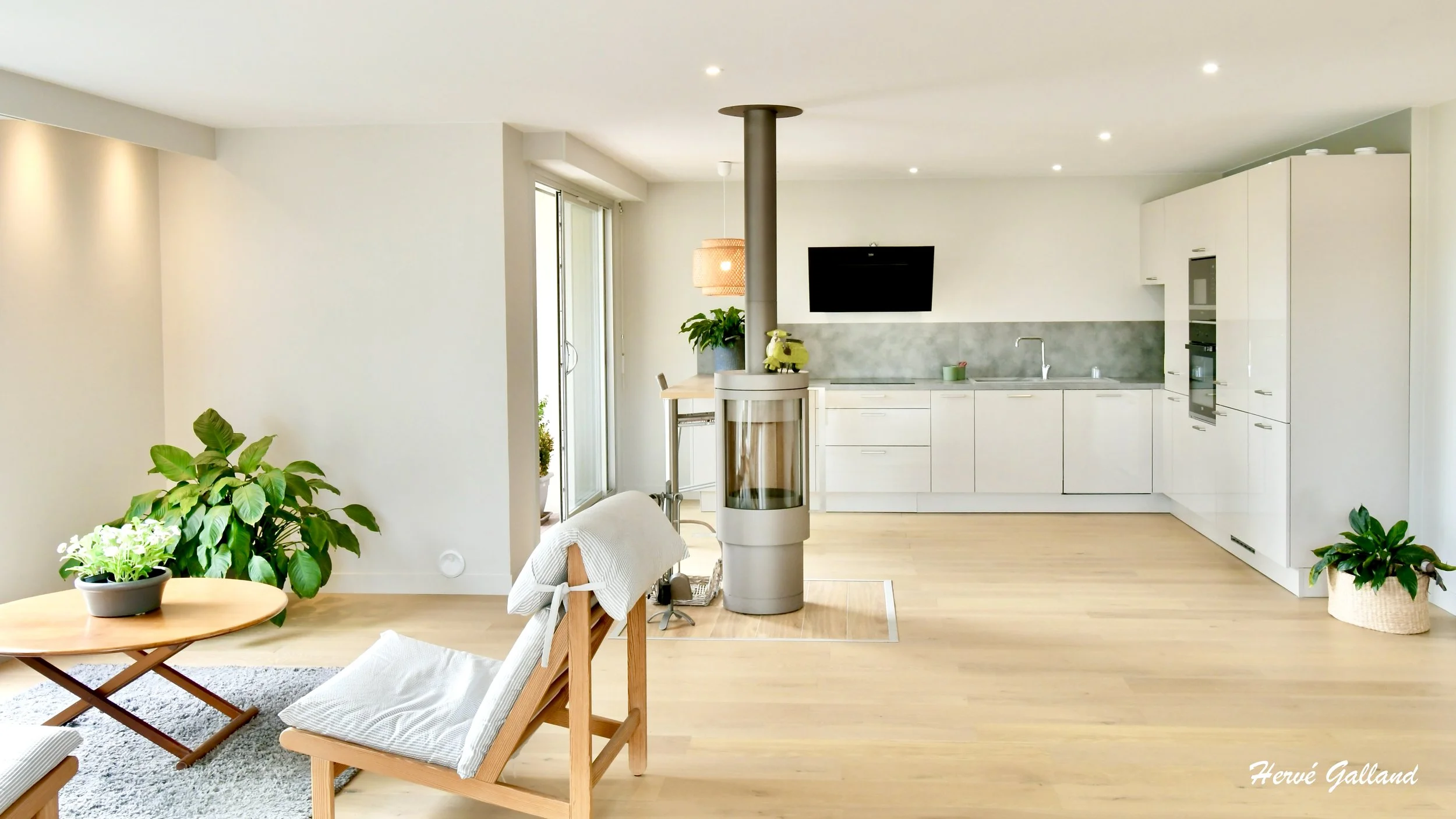 Cuisine moderne blanche avec plantes et mobilier en bois, cheminée, télévision