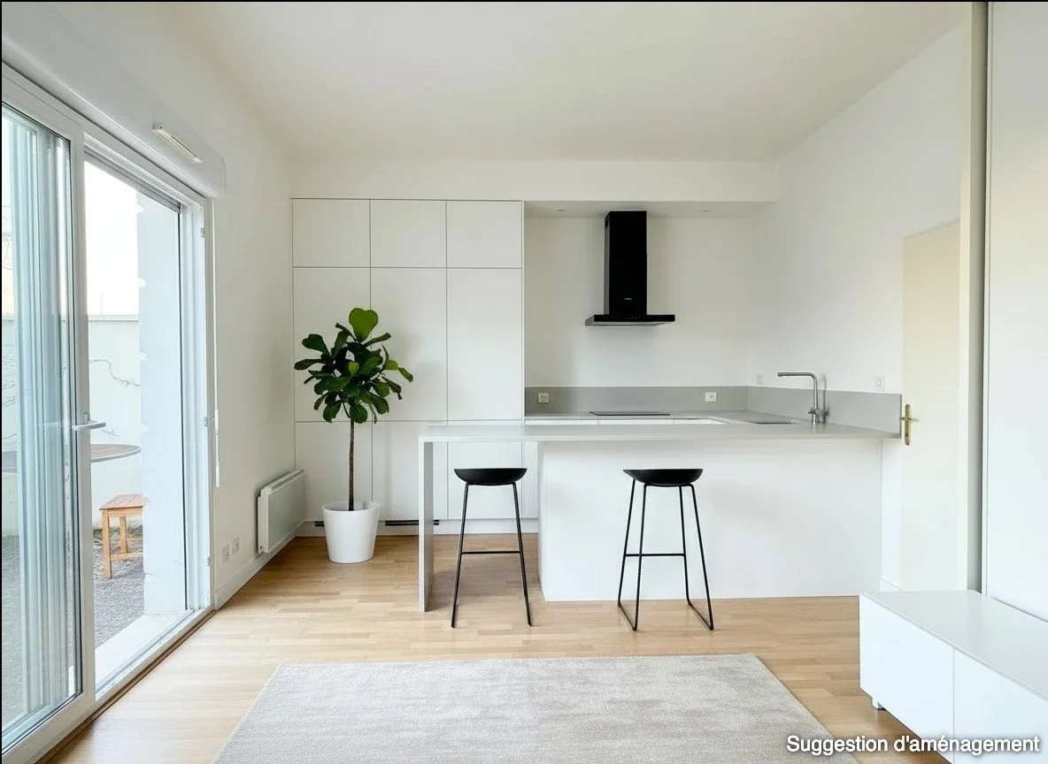 Après : suggestion d'aménagement du salon/ cuisine d'un studio.