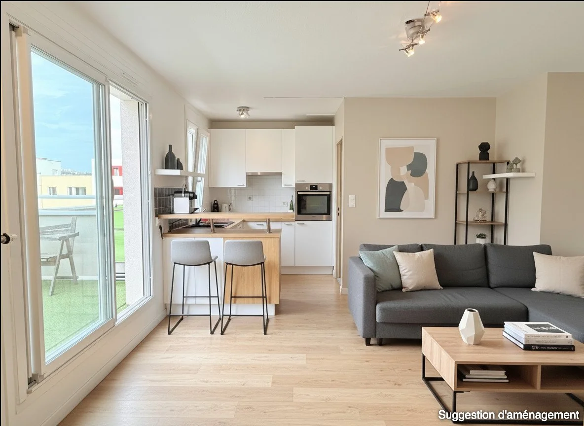 Après : suggestion d'aménagement du salon/cuisine d'un appartement type T1 avec une décoration minimaliste. 