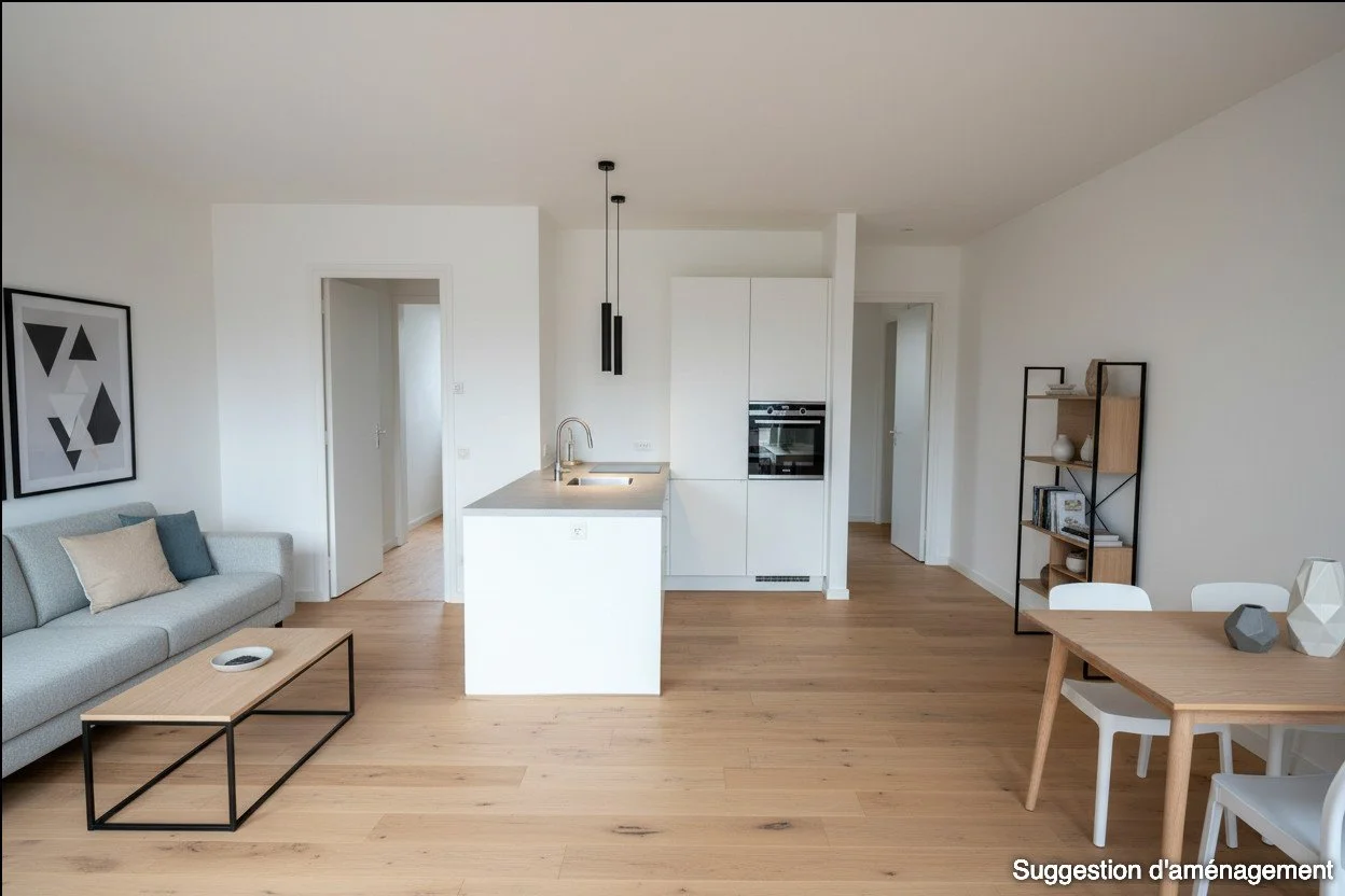 Salon et cuisine modernes avec mobilier en blanc et bois, murs blancs, sol en bois clair.