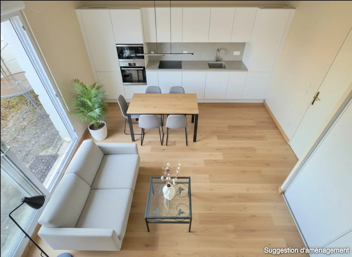  Après : suggestion d'aménagement du salon/ cuisine d'un studio avec  avec une décoration minimaliste. 