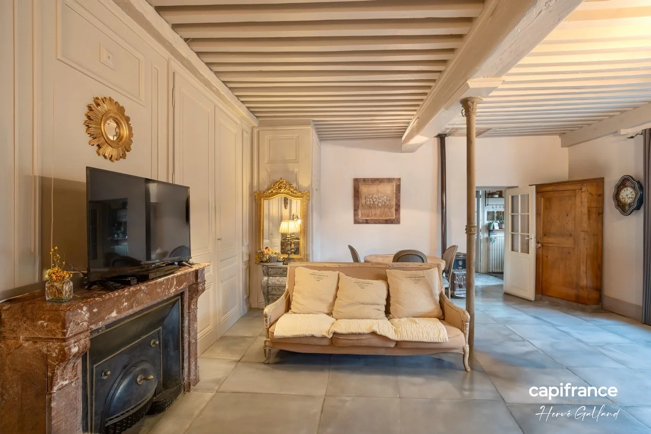 Salon lumineux avec cheminée en marbre, canapé ancien, miroir doré, télévision, armoire en bois, et une salle à manger au fond.