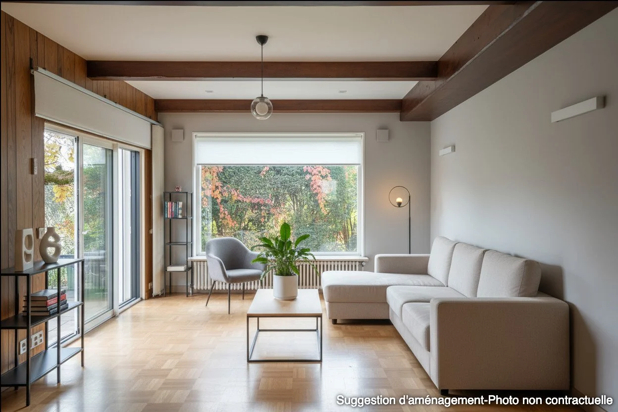 Après : suggestion d'aménagement du salon d'une maison avec une décoration minimaliste.