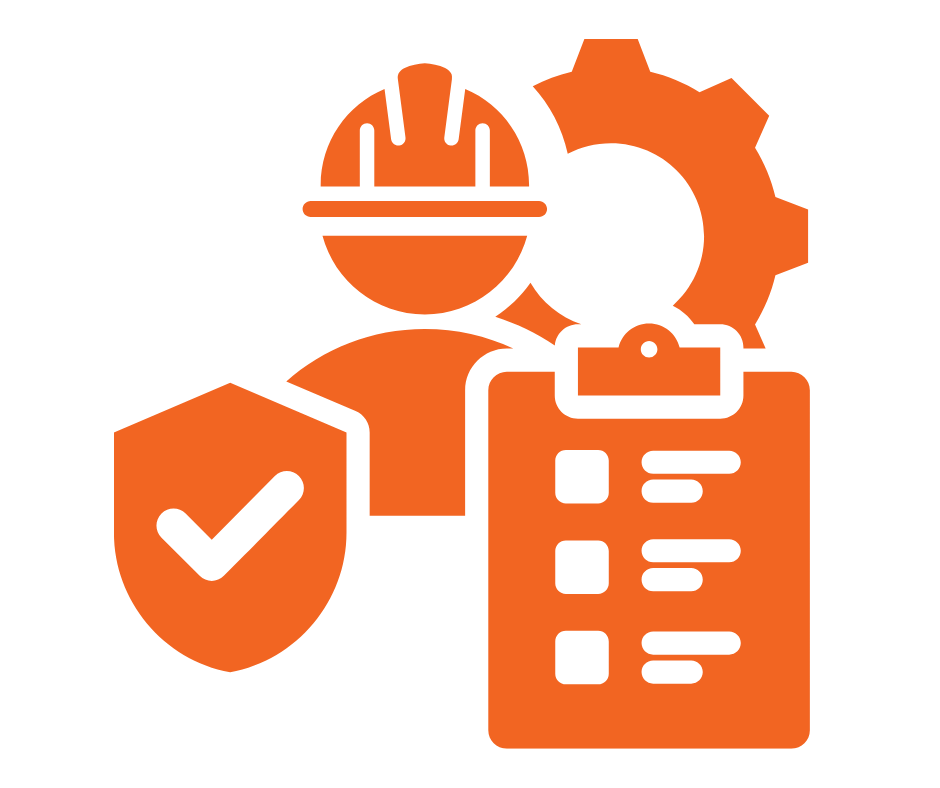 Icon of a construction worker with a helmet next to a shield with a checkmark, a gear, and a clipboard with text.