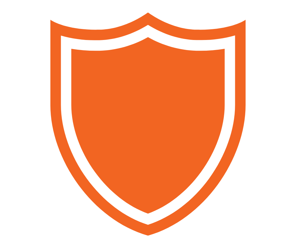 An orange and black shield emblem, symbolizing protection or security.