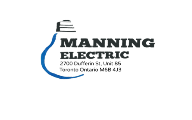 Logo for Manning Electric with address in Toronto, Ontario, featuring a stylized light bulb outline.