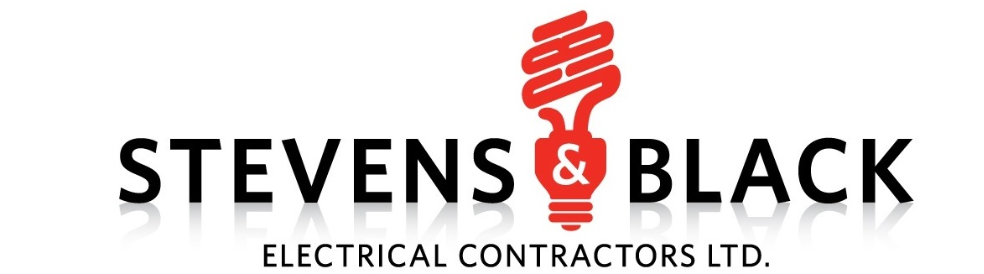 Logo for Stevens & Black Electrical Contractors Ltd., featuring a stylized red light bulb with the filament forming an ampersand, and the company name in bold black letters.