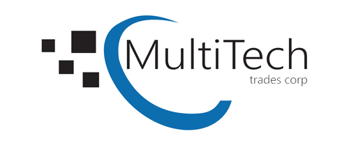 Logo of MultiTech Tradesh Corp with black square dots and a blue curved line
