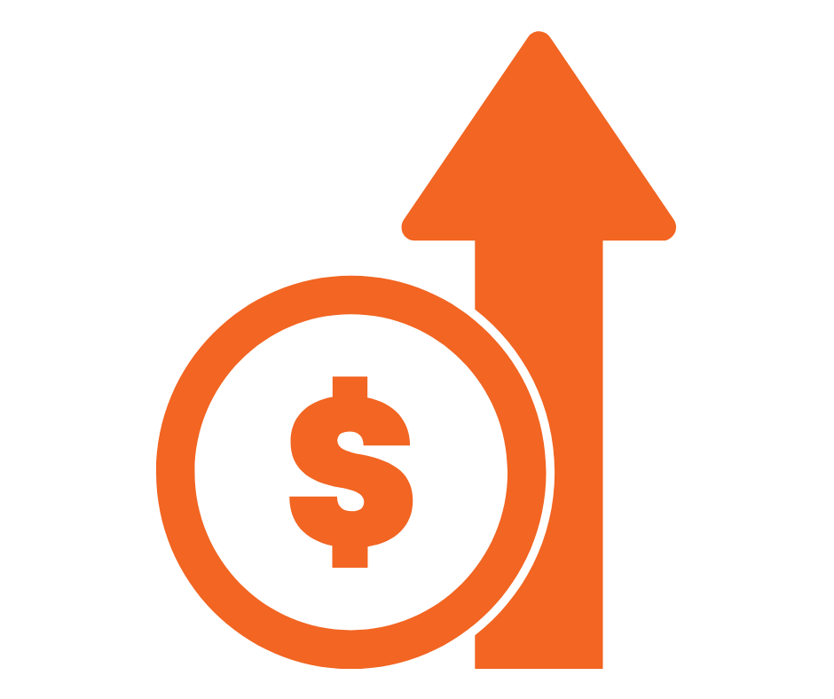 Orange dollar sign inside a circle with an upward arrow behind it, symbolizing financial growth or increase.