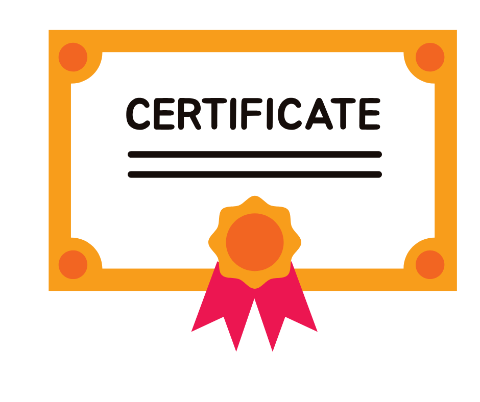Illustration of a certificate with a gold border, a gold and red ribbon, and lines indicating text.