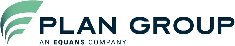 Logo of PLAN GROUP, a company under EQUANS, featuring a stylized green and white design element next to the company name.
