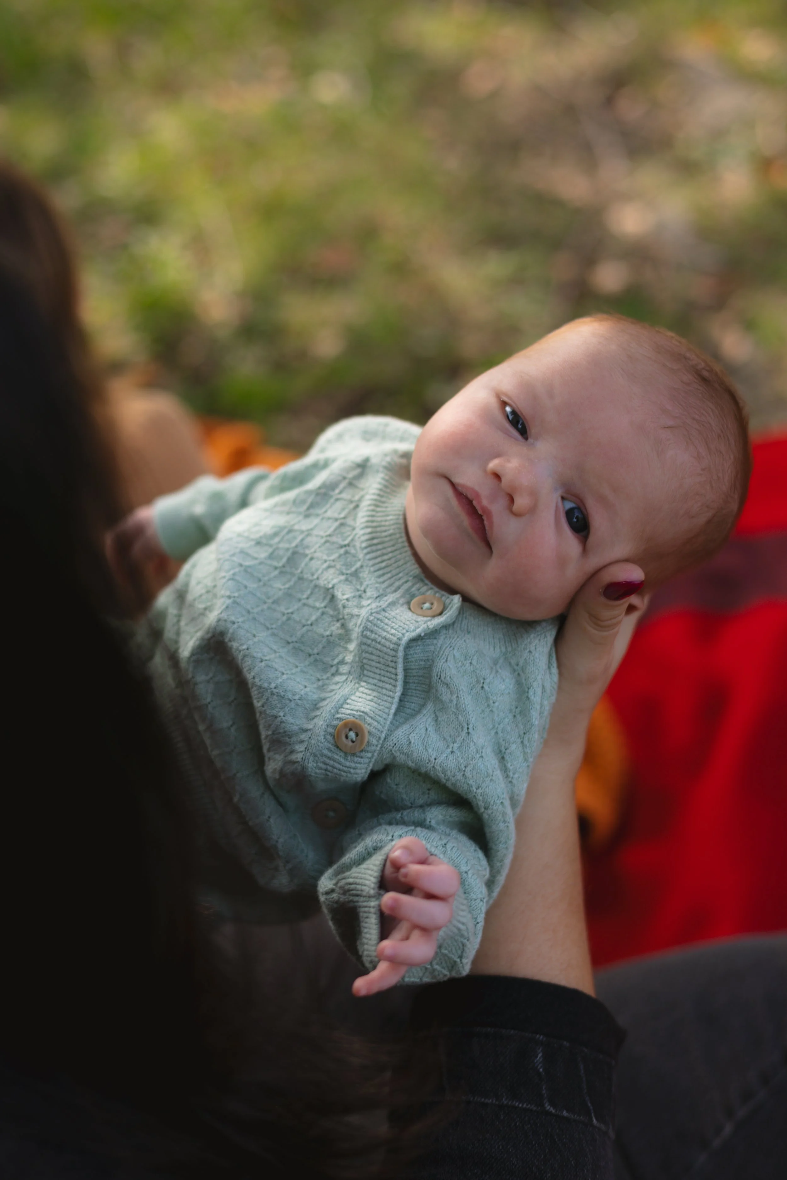 A baby with red hair and blue eyes lying on an adult's arm, looking towards the camera, with a blurred outdoor background.