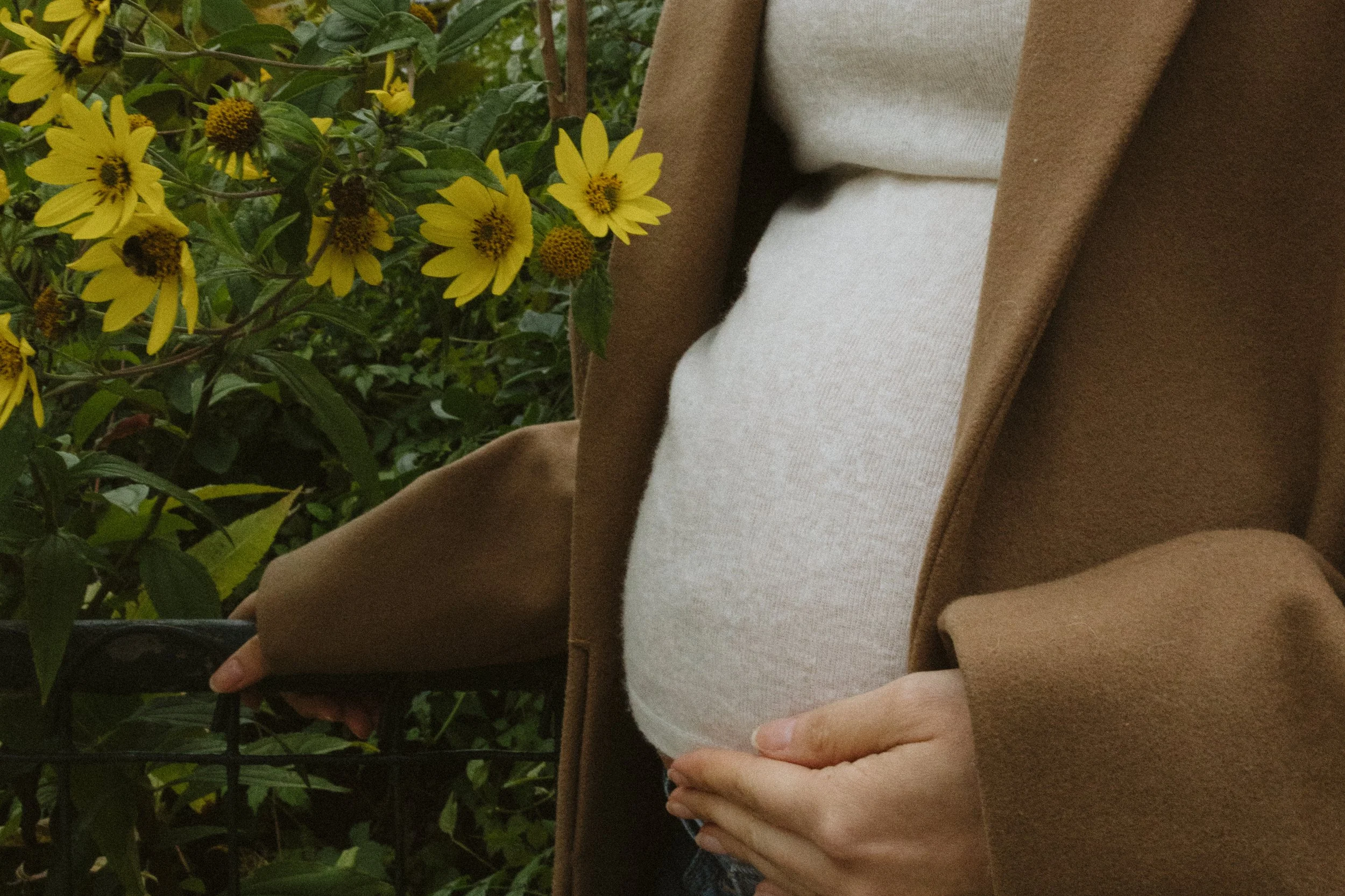 A person wearing a brown coat and light-colored sweater is holding their pregnant belly with one hand and their hand on their hip with the other, standing beside yellow flowers outside.