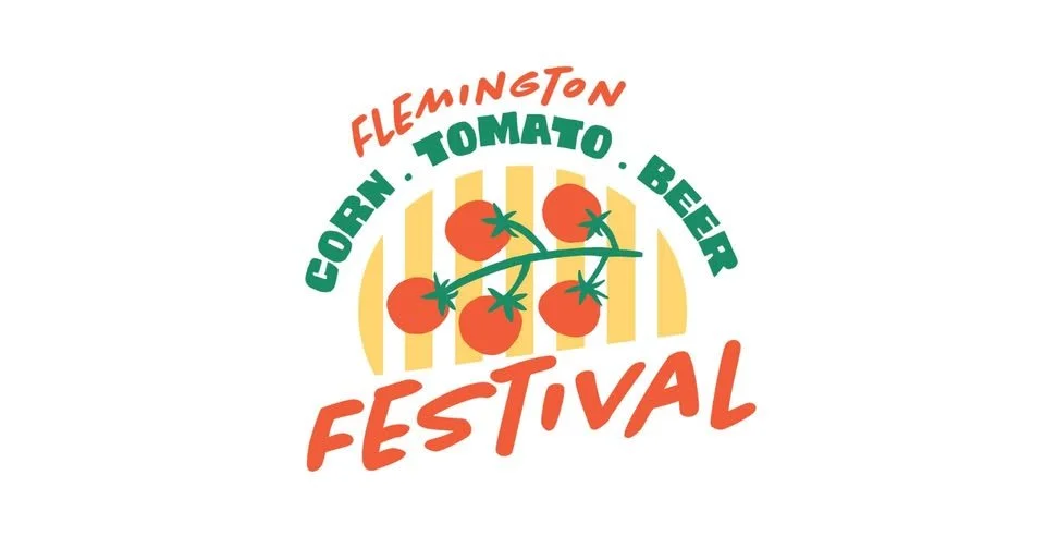 Logo for the Felmington Tomato Beer Festival featuring a vine of tomatoes with leaves, yellow vertical stripes in the background, and text in red and green.