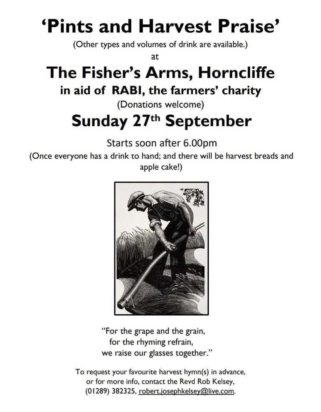 Pints and Harvest Praise flyer for Sunday 27th September 2026 at the Fisher's Arms, Horncliffe