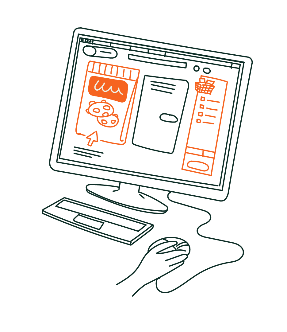 Un dessin d'une personne utilisant un ordinateur pour faire du shopping en ligne, avec un écran affichant une page de produits alimentaires, incluant des biscuits et une pâtisserie.