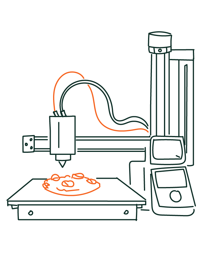 Schéma d'une machine de fabrication d'objets tridimensionnels en 3D, avec un bras robotic émettant une lumière sur une surface en matière plastique.