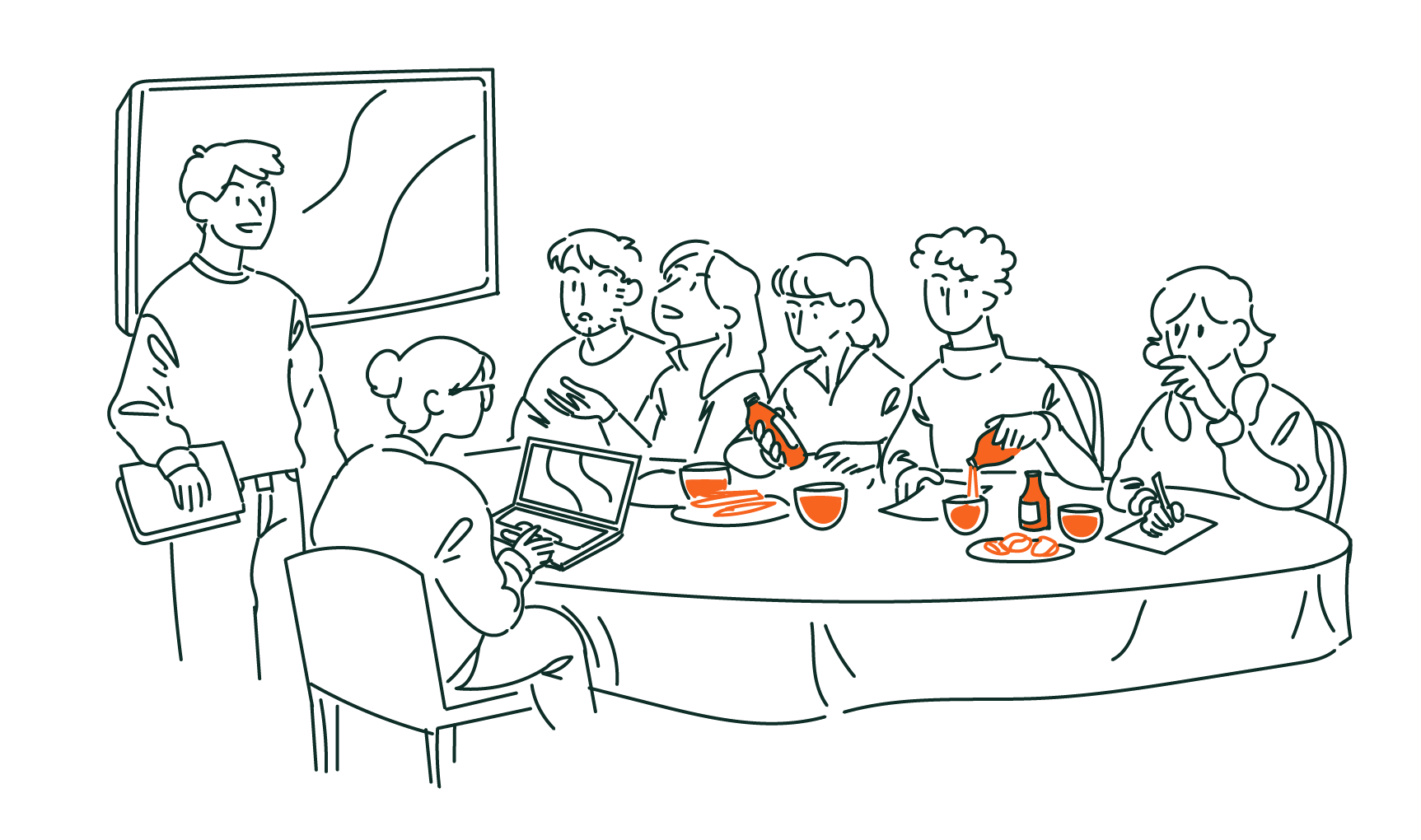 Illustration d'une réunion de groupe avec un homme debout et des personnes assises autour d'une table, certaines utilisant un ordinateur portable ou prenant des notes, avec des objets de nourriture et de boisson sur la table.