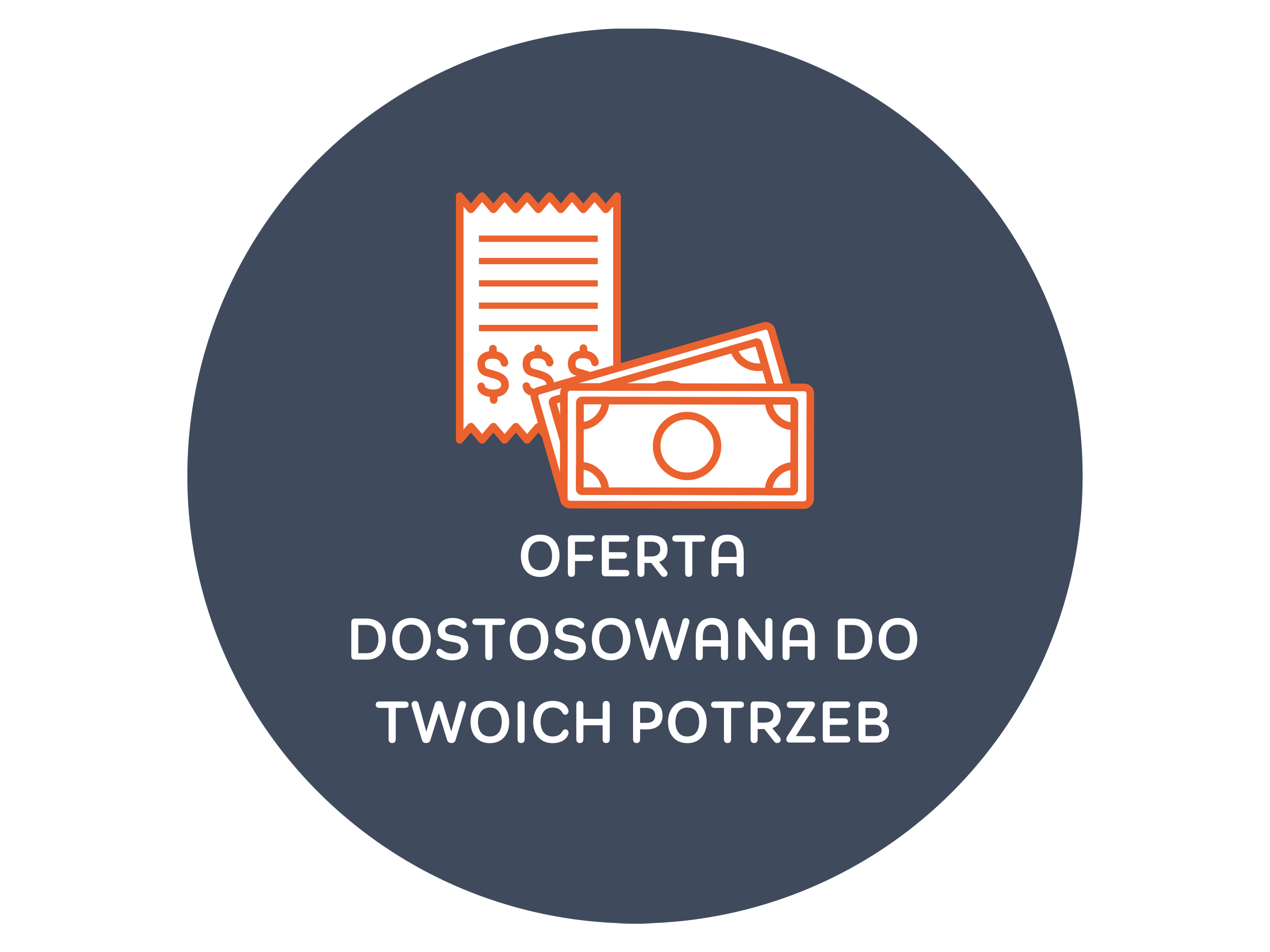 A dark gray circular sign with an orange outline illustration of a receipt, money, and text in Polish that says 'Oferta dostosowana do twoich potrzeb' which translates to 'Offer tailored to your needs'.