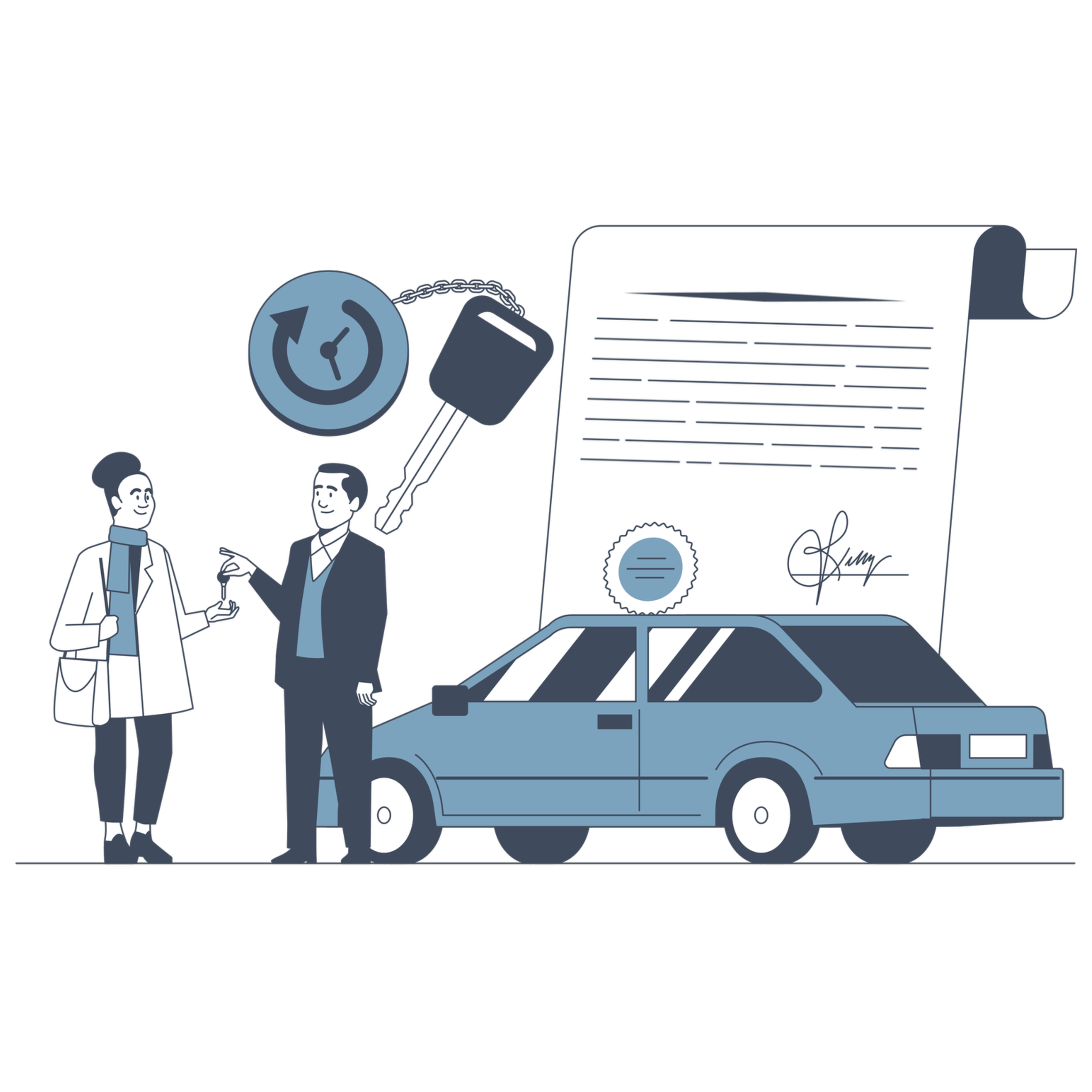 Illustration of two people exchanging a check, with a large checkbook, a clock, and a car in the background.