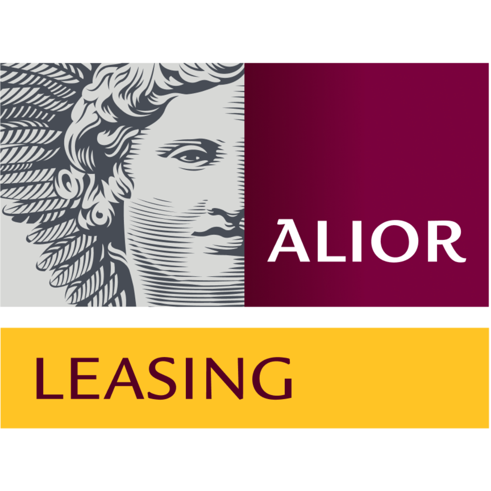 Logo of a woman with long hair, the text 'ALIOR' on a maroon background, and the words 'EASING LEASING' on a yellow background.