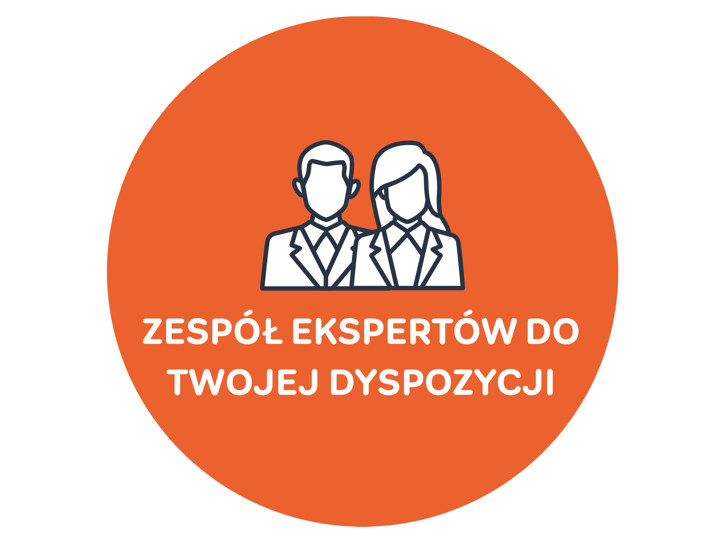 Icon of a man and woman in business attire with a background of an orange circle and Polish text about an expert team for your disposal.