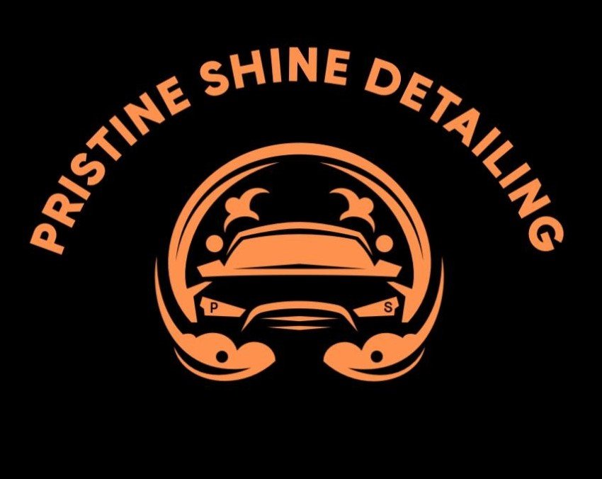 Logo with a stylized car face in orange on black background, with the text 'Pristine Shine Detailing' arched above.