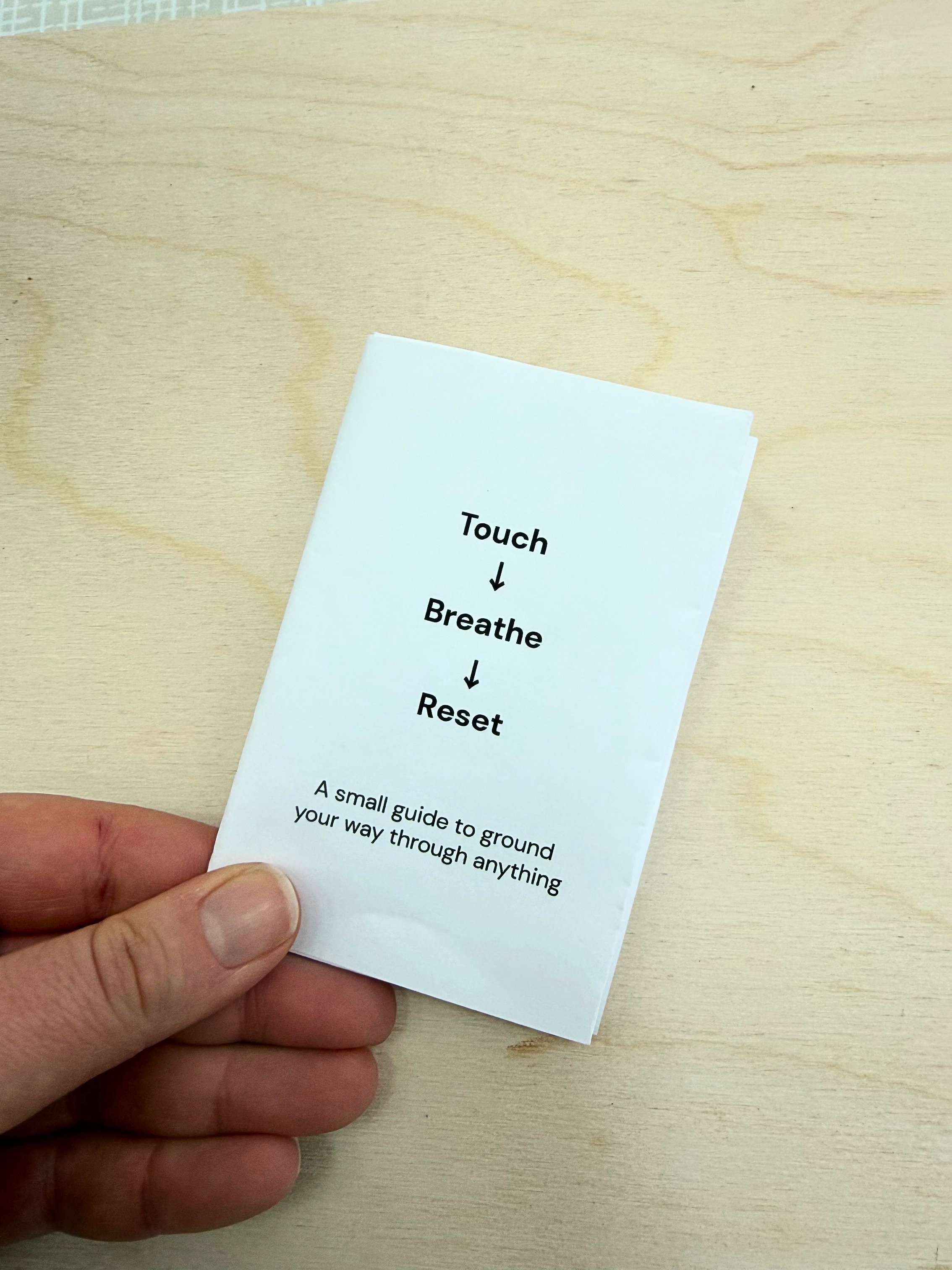 Hand holding a printable grounding guide zine for anxiety and stress with the text “Touch, Breathe, Reset”