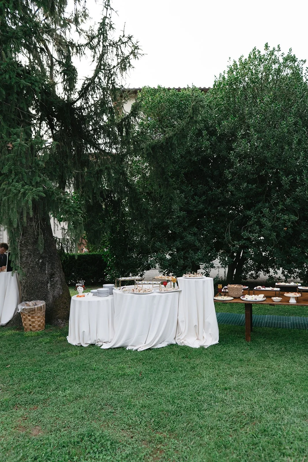 Outdoor dessert table with white tablecloths, assorted plates, cakes, and snacks, set on grass with large trees in the background.