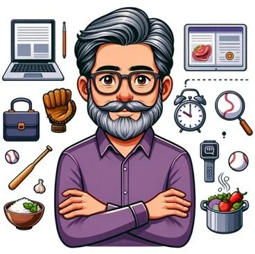 Illustrated portrait of Ted Witt surrounded by symbols of teaching, technology, baseball, and cooking.