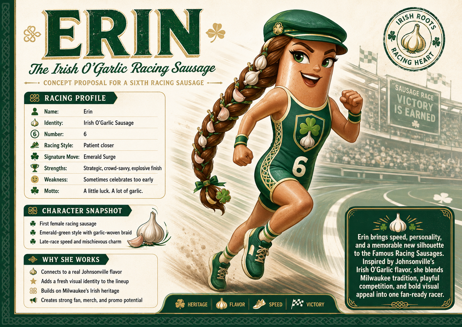 Brand concept for Erin, an Irish O’Garlic sixth Milwaukee racing sausage, including character profile, visual identity, and marketing rationale.