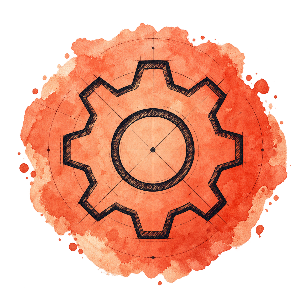 A stylized illustration of a gear with a watercolor background.