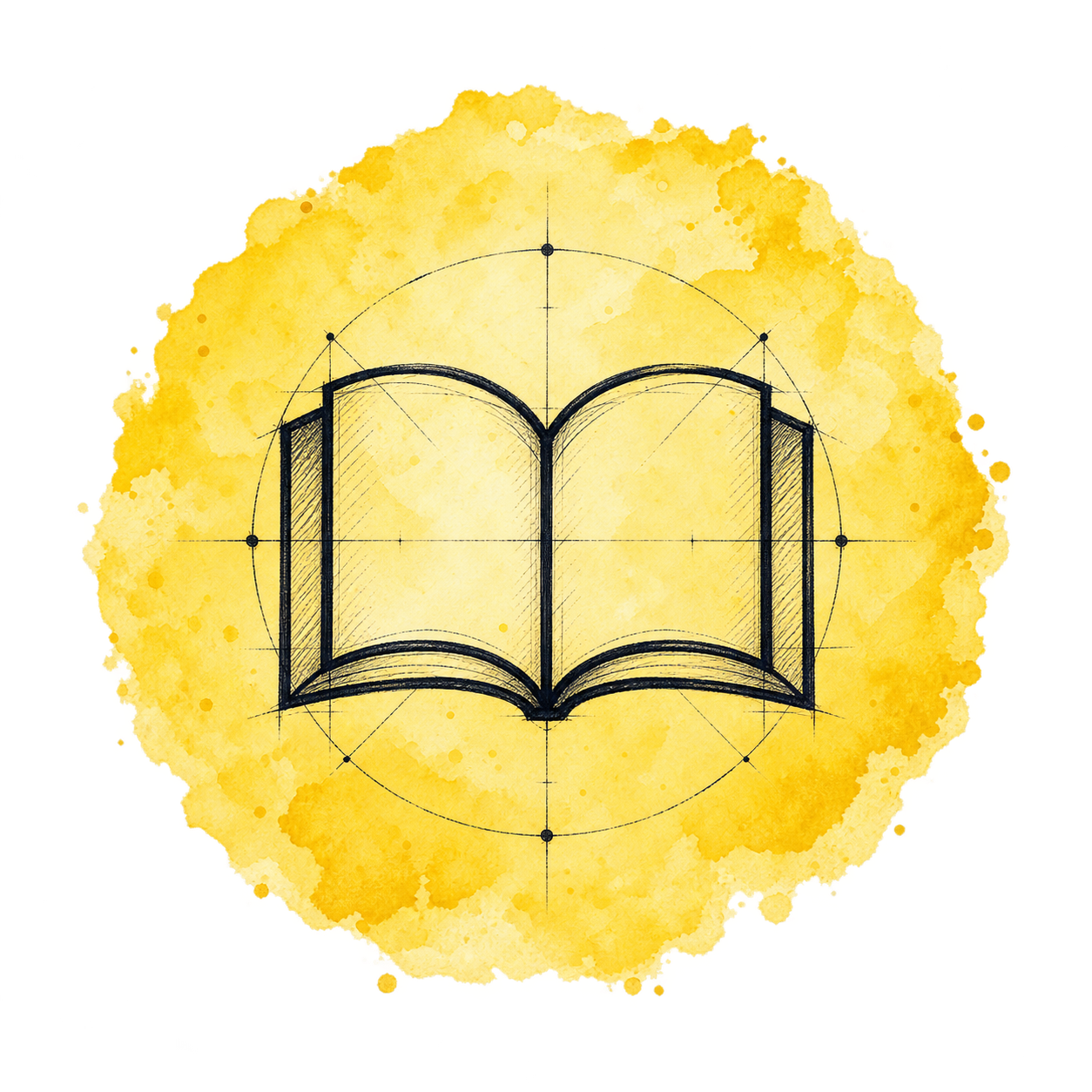 Sketch of an open book over a yellow watercolor background with geometric construction lines and circles.