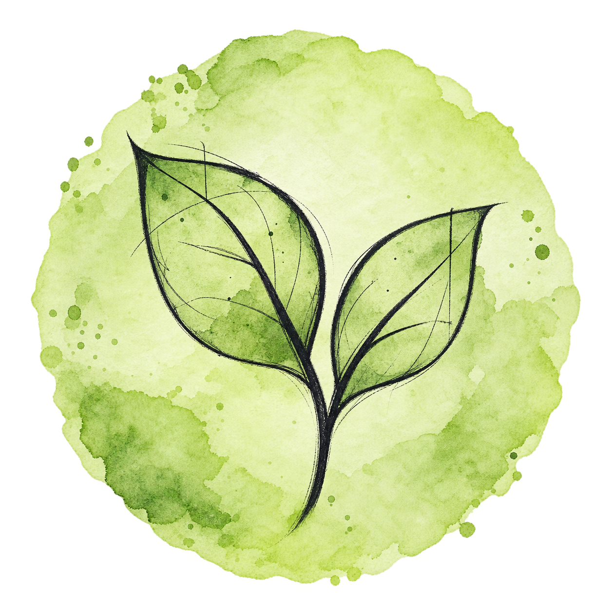 Watercolor illustration of a sprouting plant with two green leaves against a round, green background.