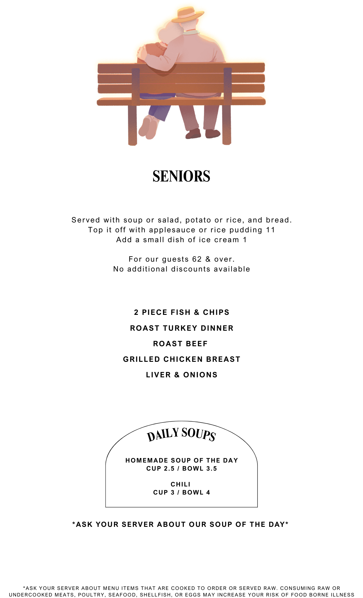 Illustration of an elderly couple sitting together on a park bench, holding hands. The scene is warm and peaceful. The text on the image describes a seniors' meal menu and soup options.