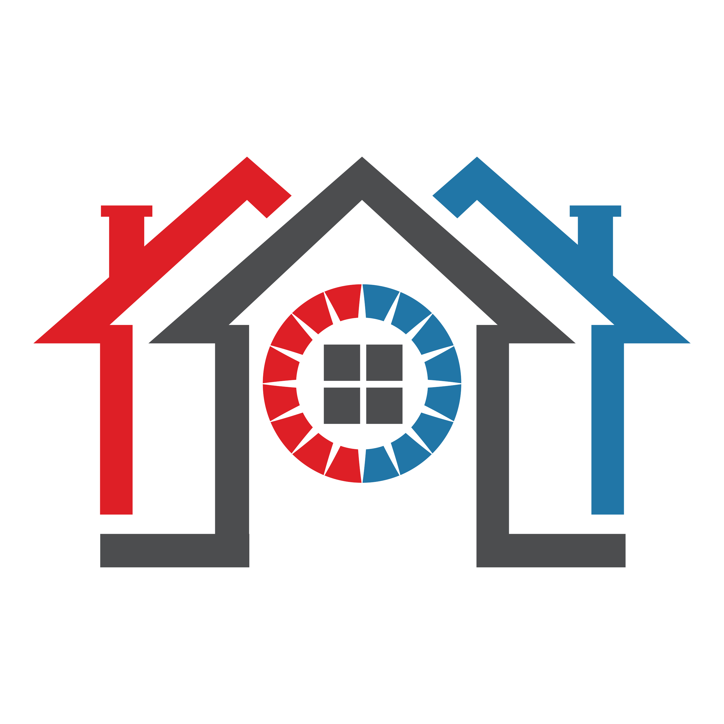 Logo representing housing, with three stylized houses in red, gray, and blue, centered around a circular element with a window and color segments.