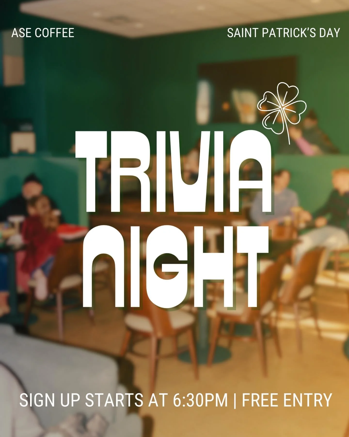 Mark your calendars! 🗓️🍀

ASE Coffee and Cocktails is hosting a St. Patrick&rsquo;s Day Trivia Night AND it&rsquo;s completely FREE TO ENTER! Here&rsquo;s what you need to know:

+ Bring your friends! 😊 Groups can consist of UP TO 5 players.

+ Le