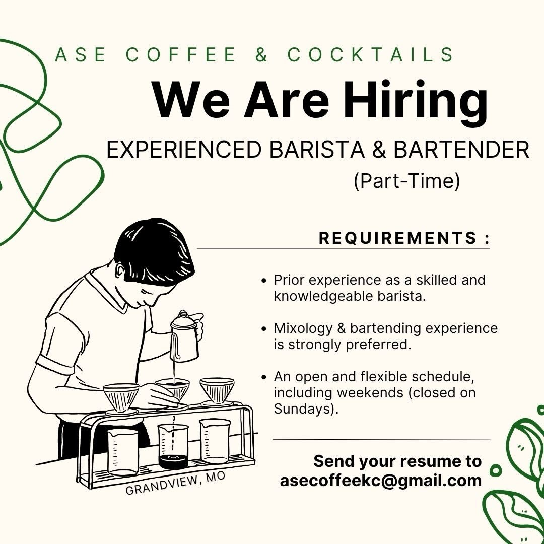 Hey ASE fam! We are hiring! 😄

Do you have barista ☕️ AND mixology🍸experience? If so, you could be the perfect addition to our team :) 

We are looking for someone with part-time (15-20 hours per week) and weekend availability.

If you&rsquo;re int