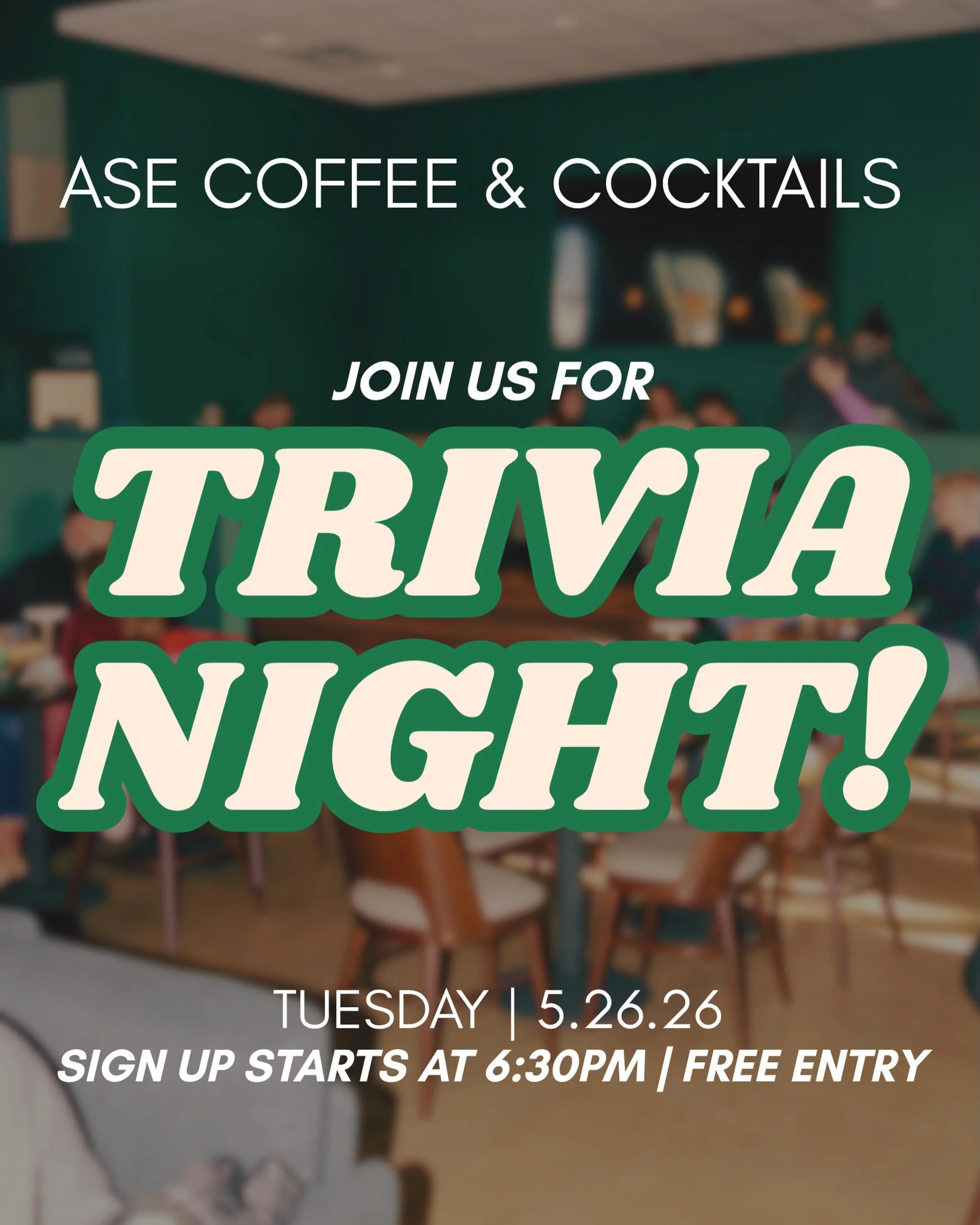 It&rsquo;s that time again! 

Join us next Tuesday, May 26th for trivia night at @asecoffeekc 

+ Bring your friends! 😊 Groups can consist of UP TO 5 players.

+ Let us know you made it! 👋Sign-up begins at 6:30pm and trivia starts at 7pm.

+ Don&rs