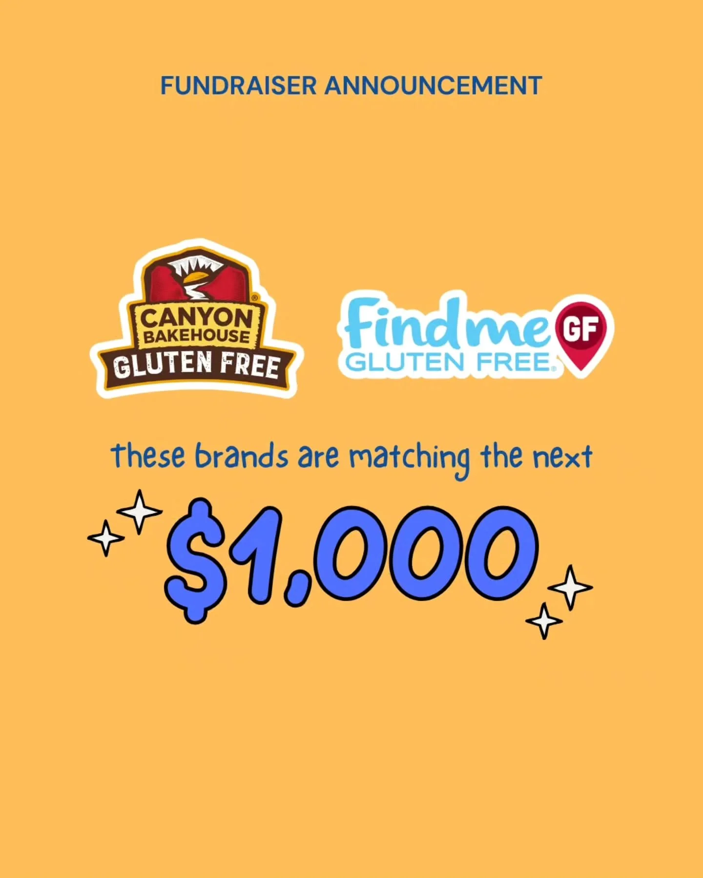A huge thank you to @canyonglutenfree and
@findmeglutenfree for matching the next
$1,000 in donations!

That means we can turn
$1,000 into $3,000! This would put us less than $10k away from our goal!

Assistance from the Feeding Gluten Free program h